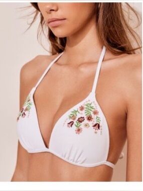Adore Me White Bikini Top with Pink Floral Embroidery and Red Tassels